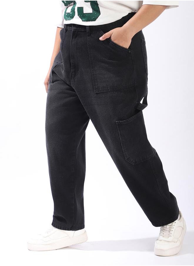 Women Relaxed Mom Fit Carpentar Cargo High-Rise Jeans