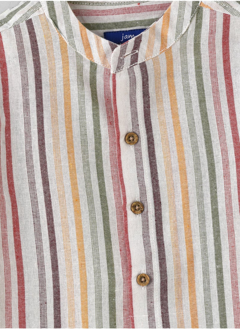 Boys Woven Cotton Striped Mandarin Collar Shirt