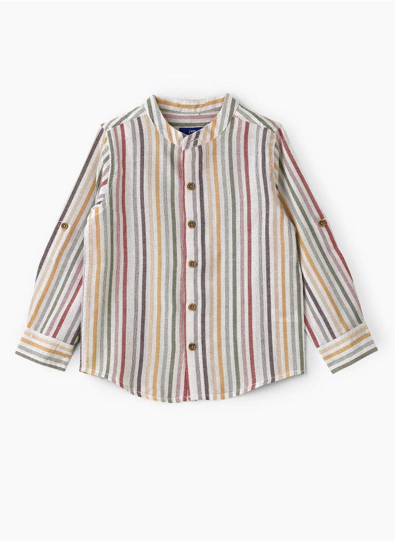 Boys Woven Cotton Striped Mandarin Collar Shirt