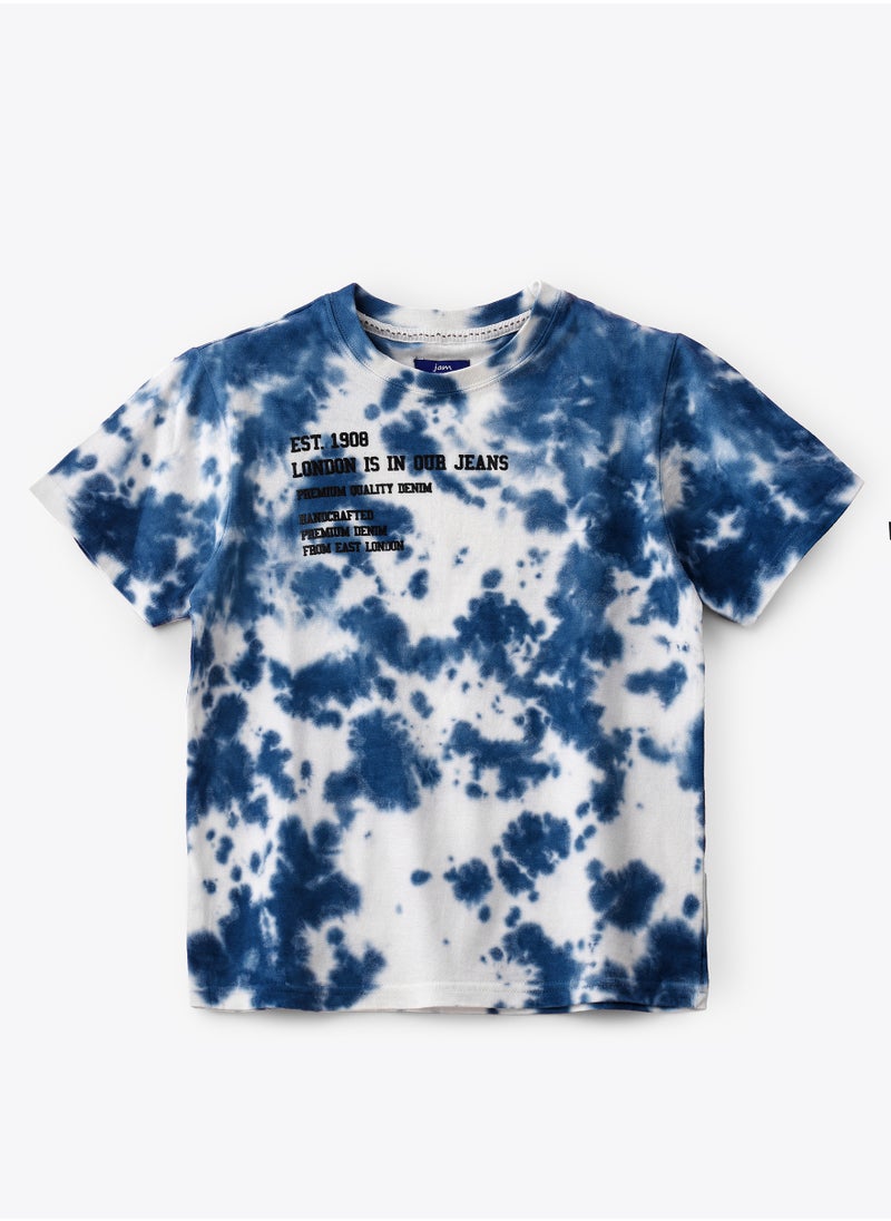 Boys' Blue Tie-Dye Text Cotton T-Shirt