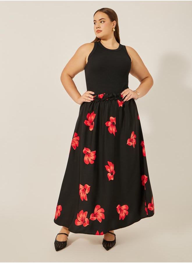 Plus Size Floral Print A-Line Maxi Skirt