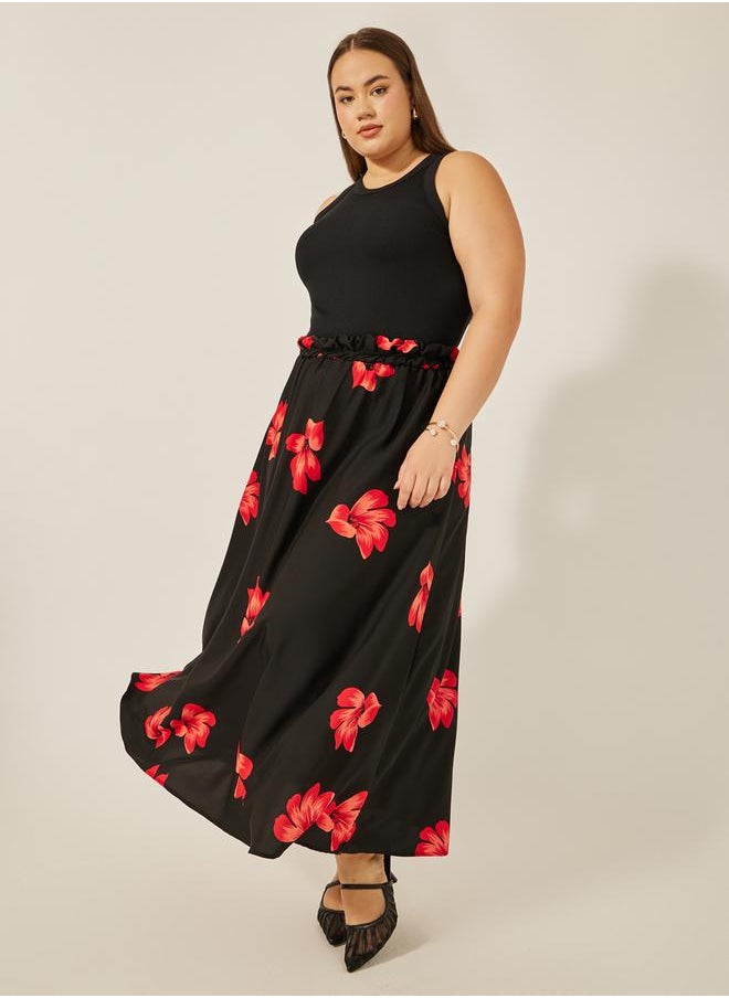 Plus Size Floral Print A-Line Maxi Skirt