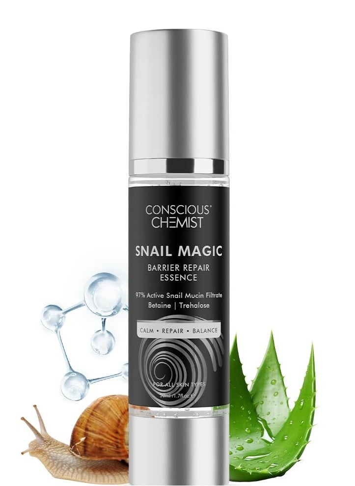Snail Mucin Serum | 50ml | Barrier Repair Essence for Face, 97% Active Snail Mucin Filtrate, Betaine & Trehalose, For Dryness, Damaged Skin, Face Serum for Men & Women - Snail Magic