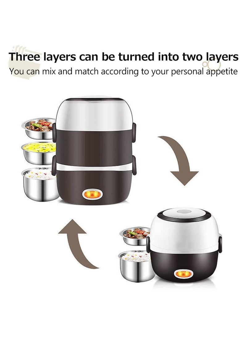 Electric Lunch Box Three layers Stainless Steel Heating Mini Rice Cooker Plug In Electric Heating Thermal Insulation Lunch Box for Office Worker School Home