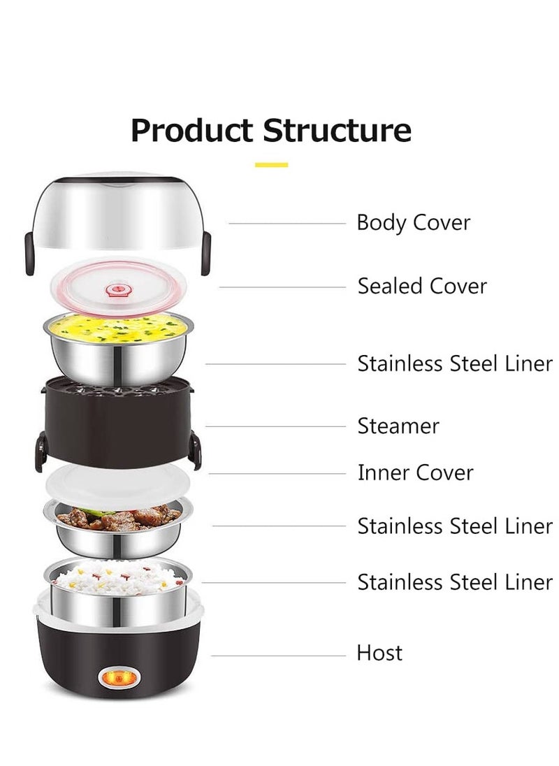 Electric Lunch Box Three layers Stainless Steel Heating Mini Rice Cooker Plug In Electric Heating Thermal Insulation Lunch Box for Office Worker School Home