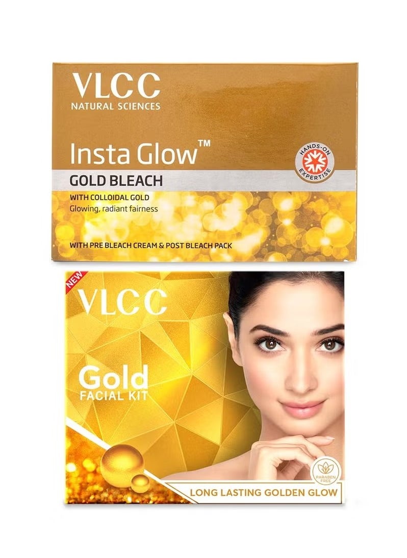VLCC Gold Facial Kit, Bright & Glowing Skin - 60g and VLCC Insta Glow Gold Bleach - 30g | For Instant Fairness & Glowing Skin with Gold, and Turmeric