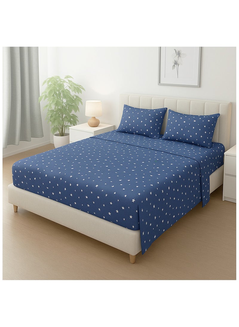 King Size Cotton Bedsheet (250x240 cm) with Two Pillow Covers – 144 TC, Blue Star Pattern
