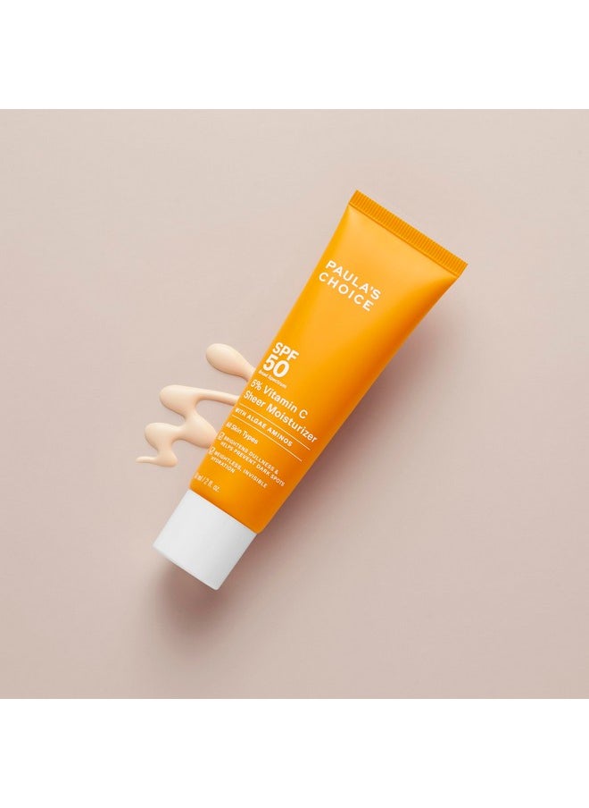Paula’s Choice 5% Vitamin C Sheer Moisturizer SPF 50, Lightweight Invisible Broad-Spectrum Sunscreen, Brightens Dullness, Prevents Dark Spots, For All Skin Types Including Blemish-Prone, 2 Fl Oz.
