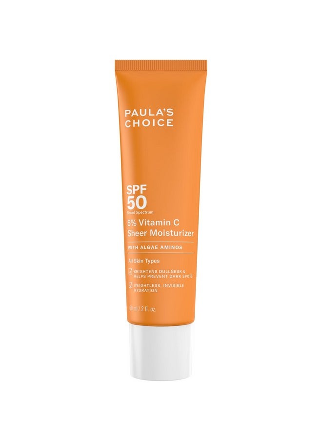 Paula’s Choice 5% Vitamin C Sheer Moisturizer SPF 50, Lightweight Invisible Broad-Spectrum Sunscreen, Brightens Dullness, Prevents Dark Spots, For All Skin Types Including Blemish-Prone, 2 Fl Oz.