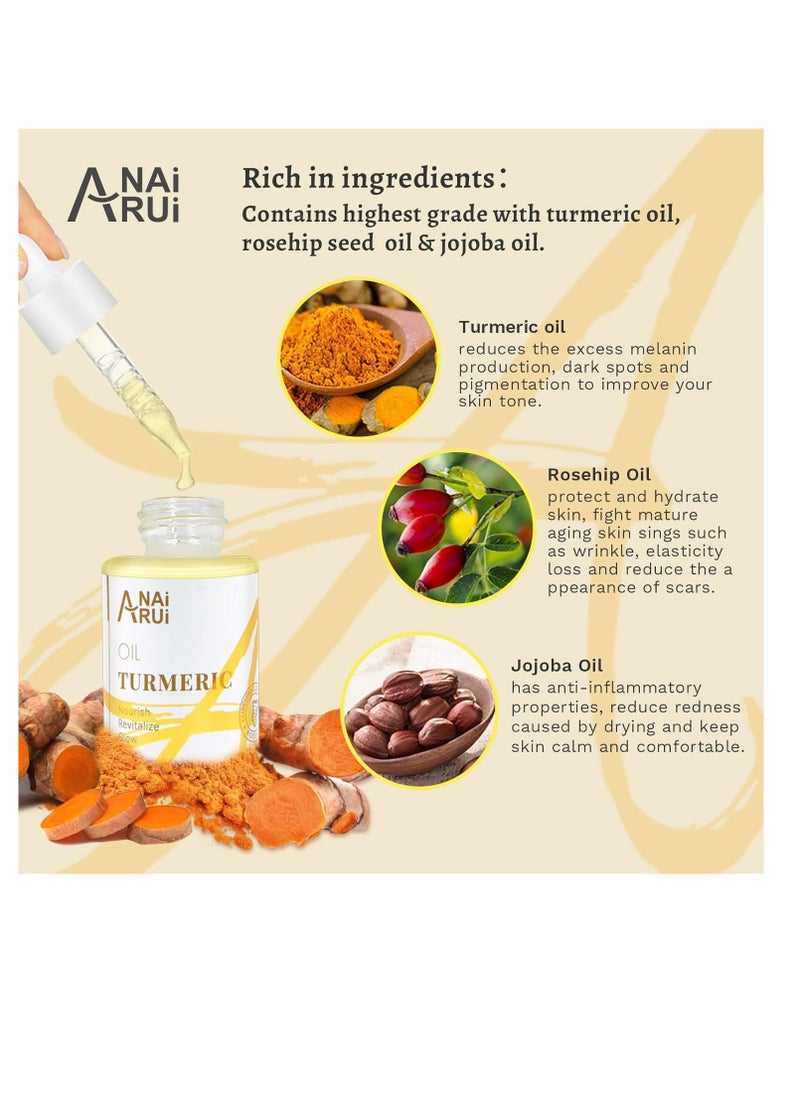 ANAI RUI Turmeric Face Oil, Facial Oils & Serum with Turmeric, Turmeric Skincare Oil for Dry Skin, Wrinkles, Acne, Evens Tone, Moisturizing Face Oil 1.06OZ