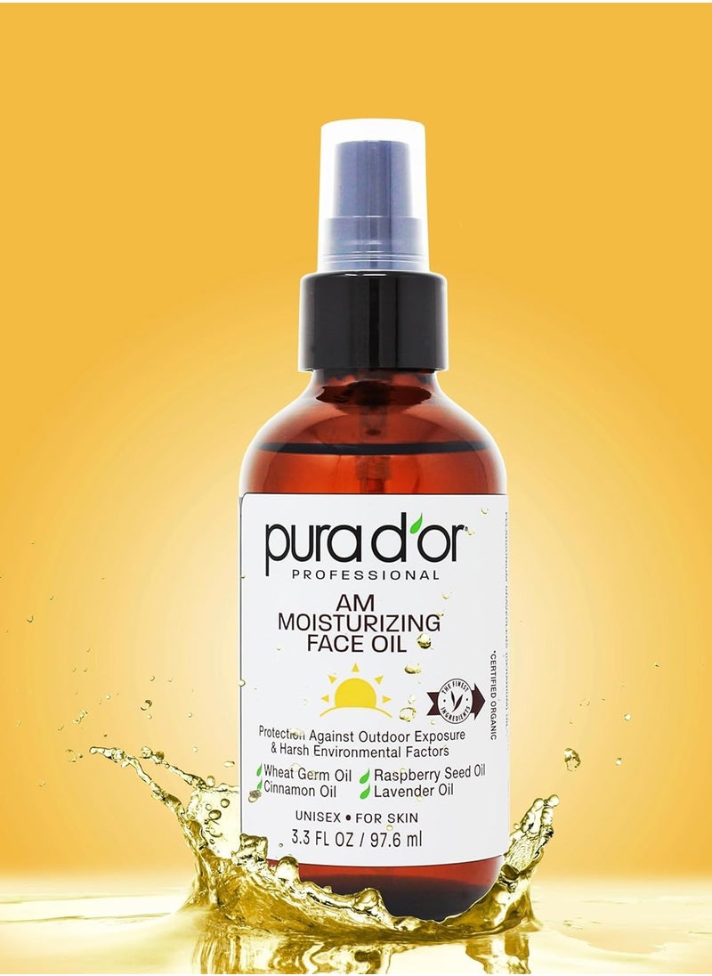 PURA D'OR 3.3 Oz ORGANIC AM Moisturizing Face Oil - Morning Glow Hydrating Skincare -Lightweight Moisturizer for Glowing Skin - All Natural, Vegan, Paraben-Free - Women & Men