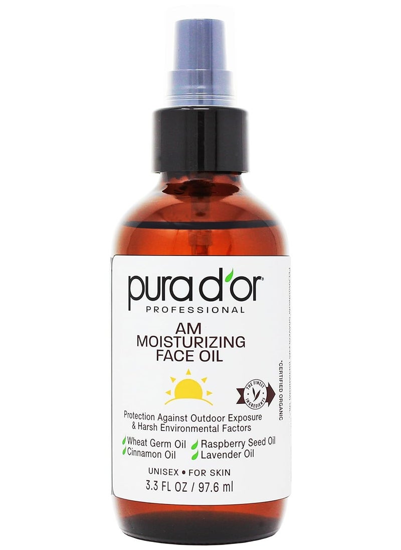 PURA D'OR 3.3 Oz ORGANIC AM Moisturizing Face Oil - Morning Glow Hydrating Skincare -Lightweight Moisturizer for Glowing Skin - All Natural, Vegan, Paraben-Free - Women & Men
