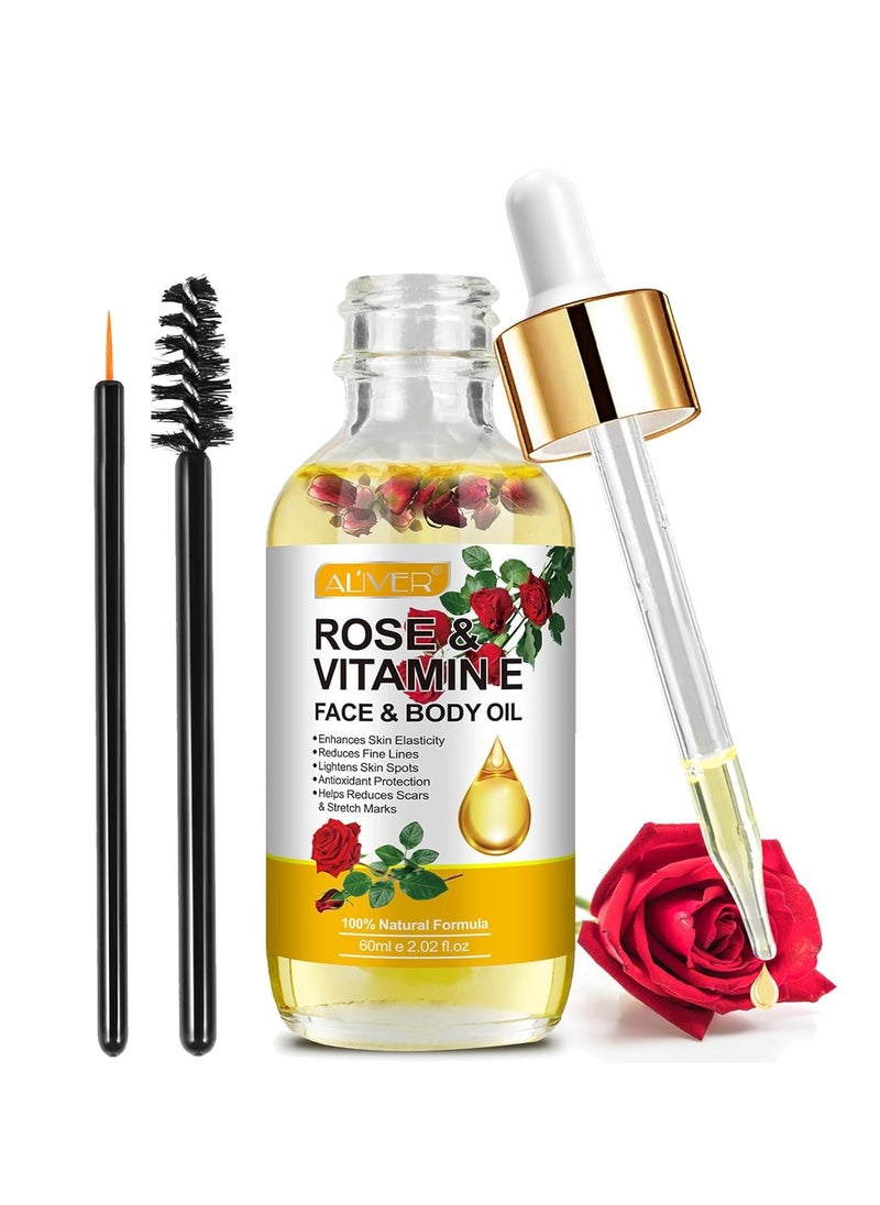 Rose Oil for Face with Rose Petal Flower, Organic Vitamin E Oil for Anti-aging, Scars & Stretch Mark, Gua Sha Face Oil, Natural Massage Body Oil Scented for Dry Skin, Scalp and Nail - 60ml