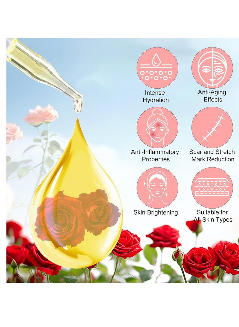 Rose Oil for Face with Rose Petal Flower, Organic Vitamin E Oil for Anti-aging, Scars & Stretch Mark, Gua Sha Face Oil, Natural Massage Body Oil Scented for Dry Skin, Scalp and Nail - 60ml