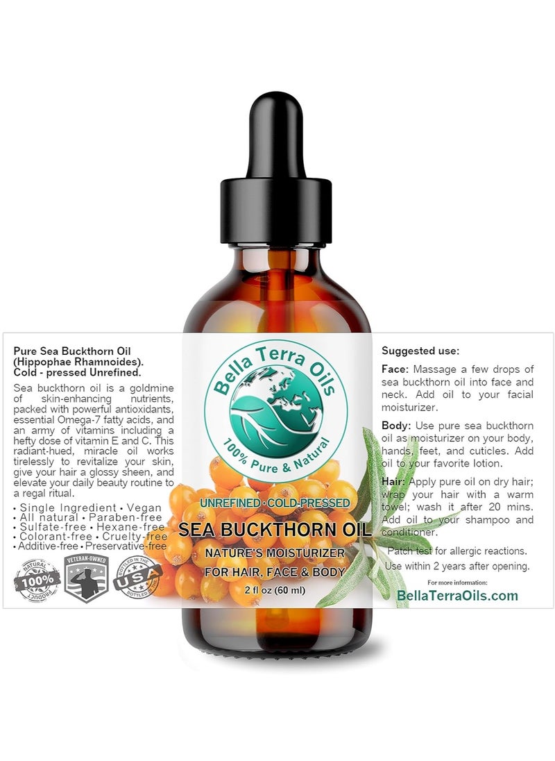 Bella Terra Oils - Organic Sea Buckthorn Oil 2 oz - Dive into Rich Essence of Organic Sea Buckthorn Berry, Packed with Vitamin C, E, & A, Omega-Fatty Acids Delight for Face