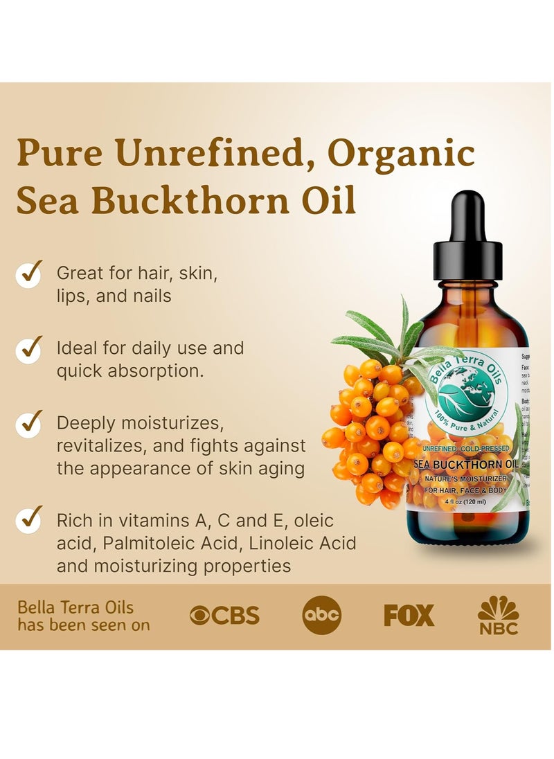 Bella Terra Oils - Organic Sea Buckthorn Oil 2 oz - Dive into Rich Essence of Organic Sea Buckthorn Berry, Packed with Vitamin C, E, & A, Omega-Fatty Acids Delight for Face