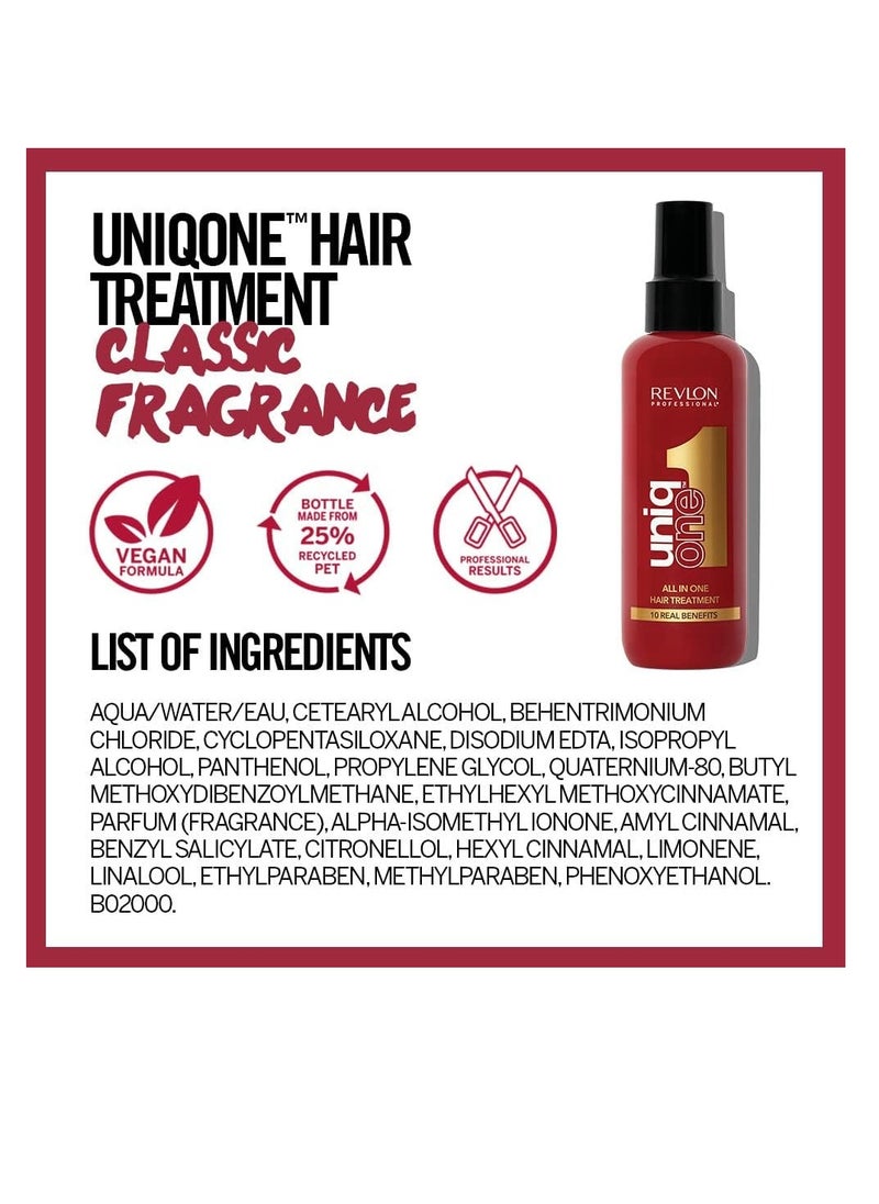 Uniqone Hair Treatment Moisturizing Leave in Hair Treatment Repair for Damaged Hair Hair Treatment Classic Fragrance 150 ml