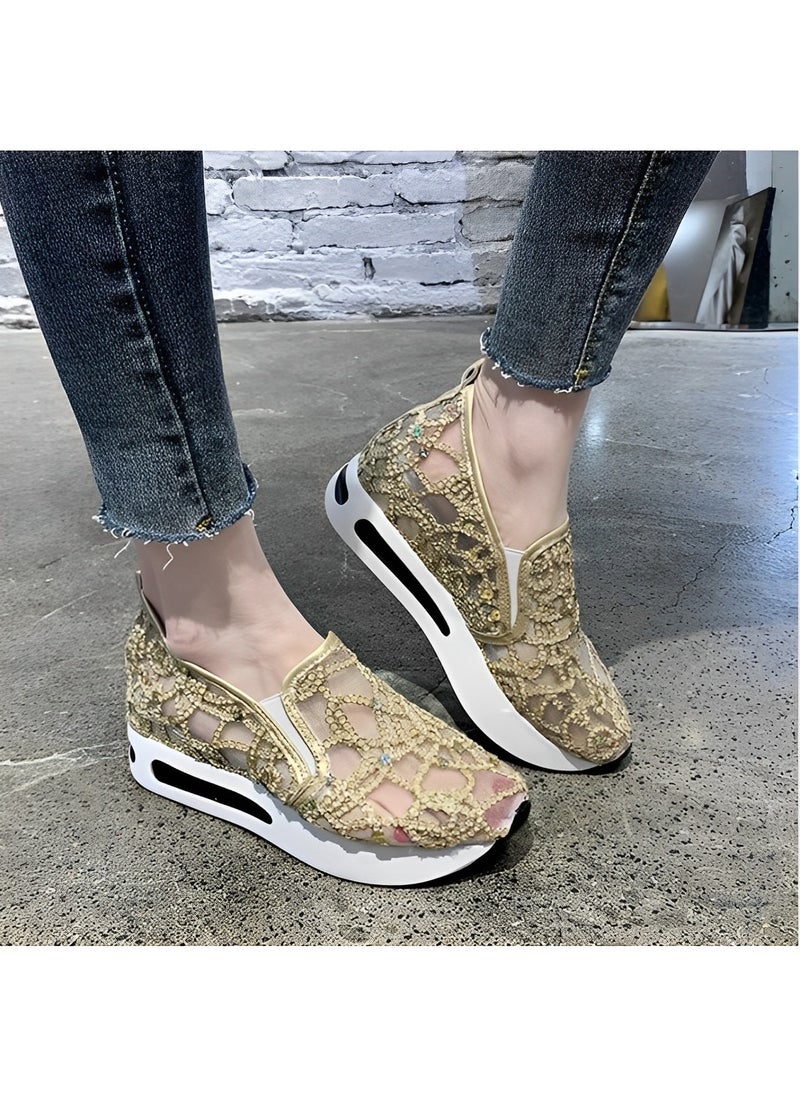 Women's Thick Sole Shoes Mesh Sneakers with Floral Embroidery Casual Lace Mesh Shoes Lightweight Breathable Non Slip Shoes