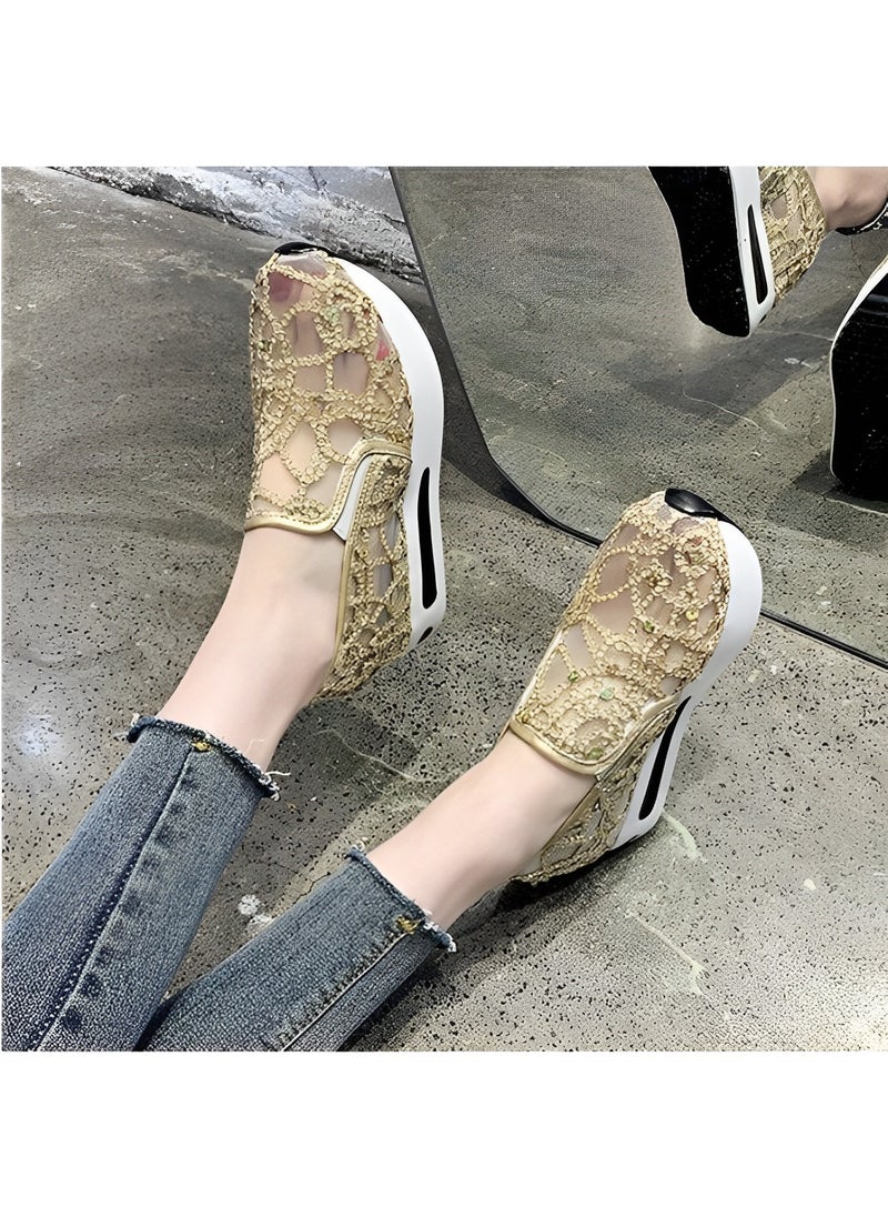Women's Thick Sole Shoes Mesh Sneakers with Floral Embroidery Casual Lace Mesh Shoes Lightweight Breathable Non Slip Shoes