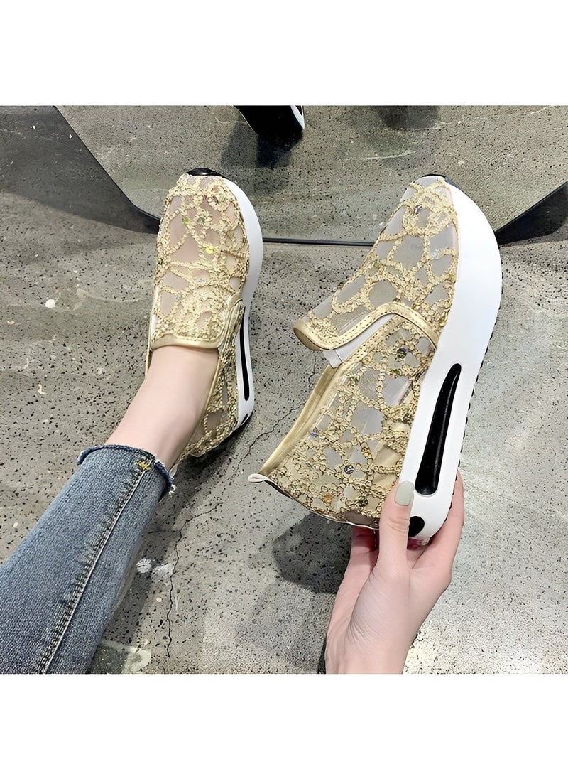 Women's Thick Sole Shoes Mesh Sneakers with Floral Embroidery Casual Lace Mesh Shoes Lightweight Breathable Non Slip Shoes