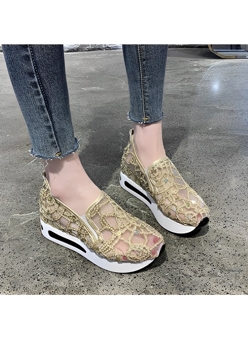 Women's Thick Sole Shoes Mesh Sneakers with Floral Embroidery Casual Lace Mesh Shoes Lightweight Breathable Non Slip Shoes