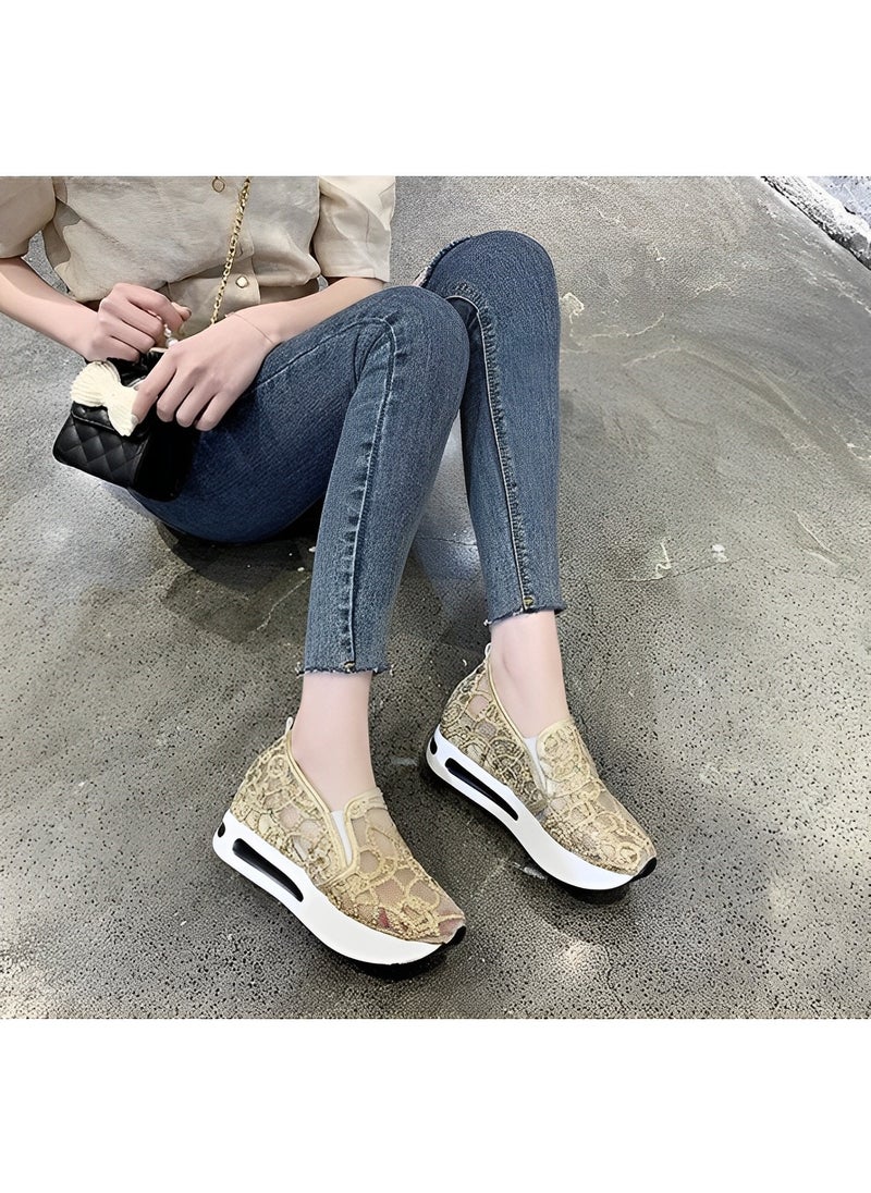 Women's Thick Sole Shoes Mesh Sneakers with Floral Embroidery Casual Lace Mesh Shoes Lightweight Breathable Non Slip Shoes