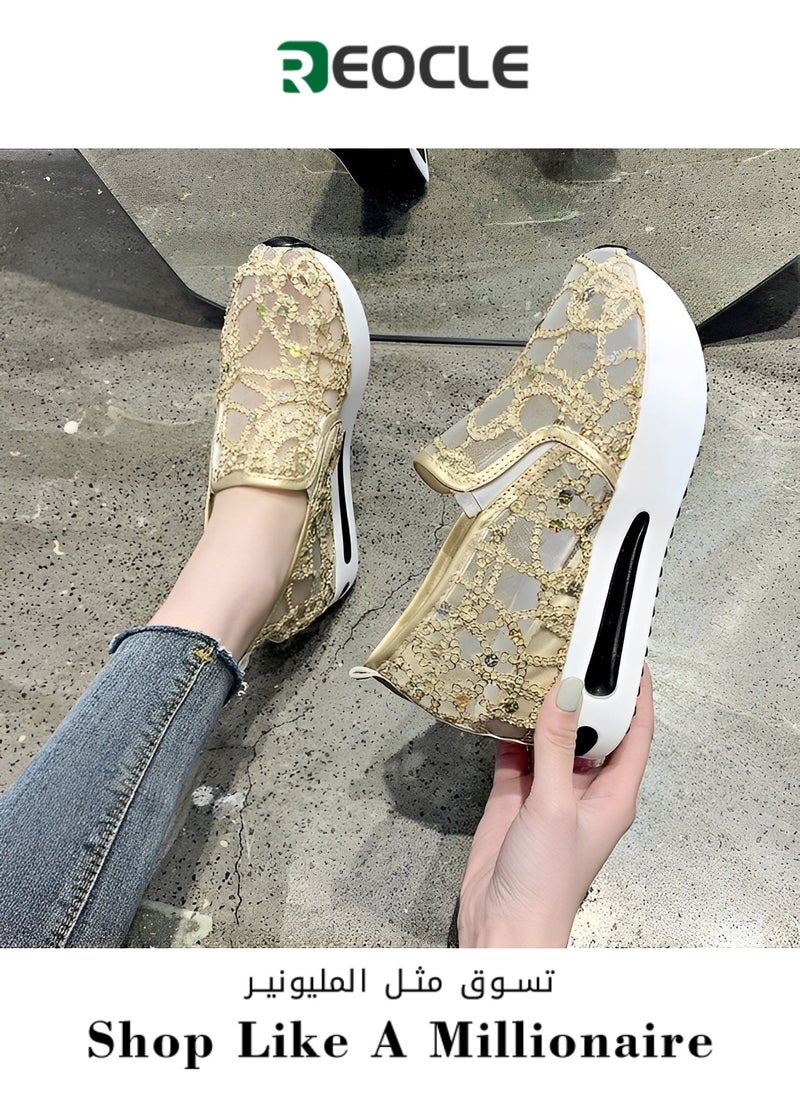 Women's Thick Sole Shoes Mesh Sneakers with Floral Embroidery Casual Lace Mesh Shoes Lightweight Breathable Non Slip Shoes
