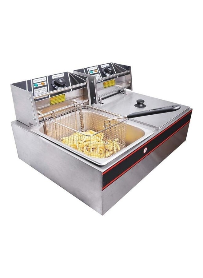 6L+6L Commercial Electric Double Layer Deep Fryer with Lid and Basket Temperature Control Stainless Steel for Home, Restaurant, Catering, Fast Food 2500W