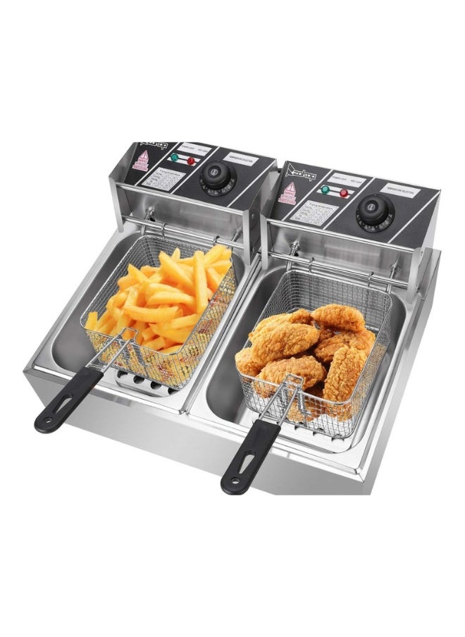 6L+6L Commercial Electric Double Layer Deep Fryer with Lid and Basket Temperature Control Stainless Steel for Home, Restaurant, Catering, Fast Food 2500W