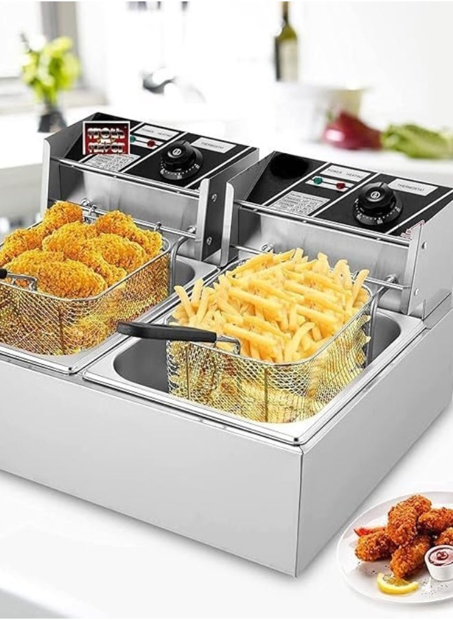 6L+6L Commercial Electric Double Layer Deep Fryer with Lid and Basket Temperature Control Stainless Steel for Home, Restaurant, Catering, Fast Food 2500W