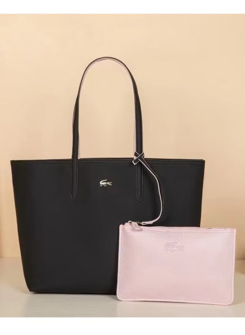 Lacoste Women's Anna Double sided Two tone Large Capacity Handbag, Fashionable and Versatile, Black/Pink