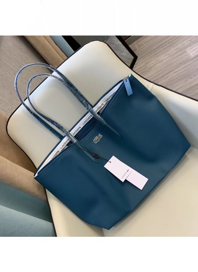 Lacoste Women's Concept Fashion Versatile Large Zipper Tote Bag Tote Bag Shoulder Bag Large Size Dark Blue