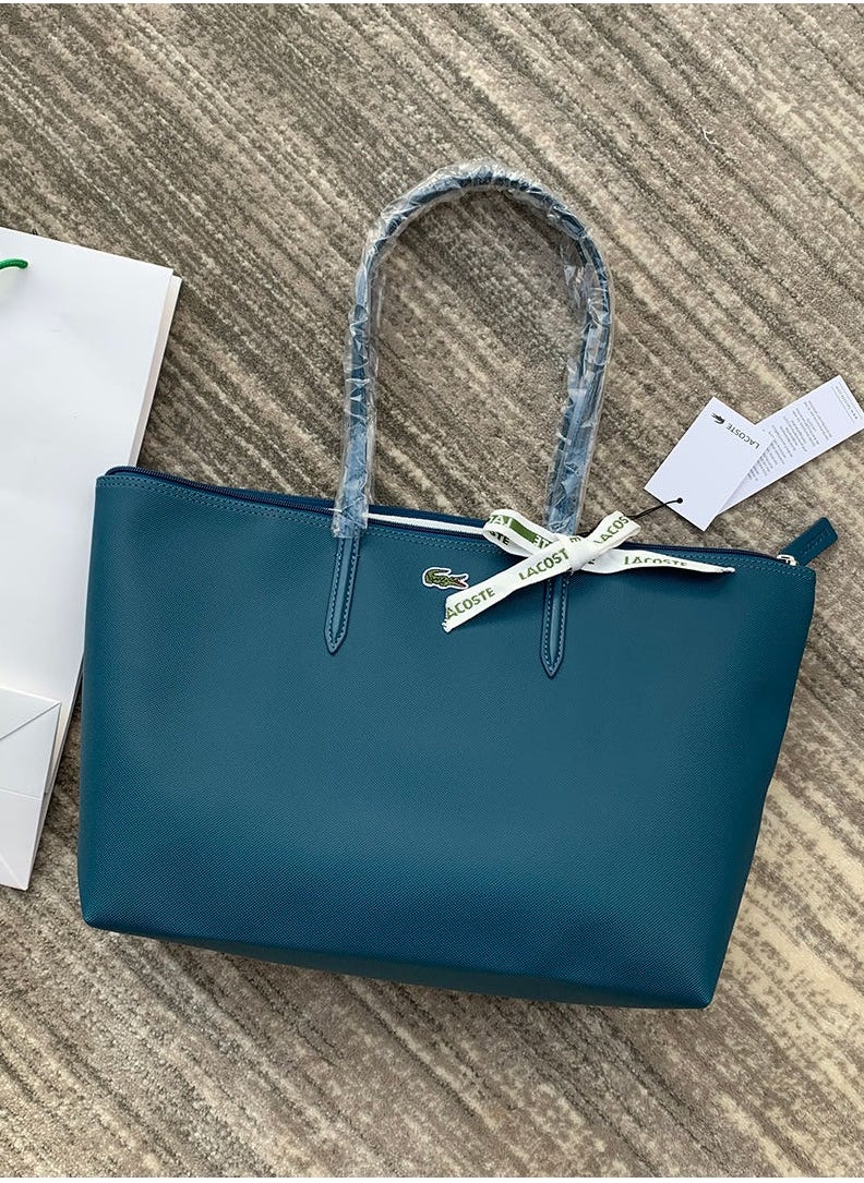 Lacoste Women's Concept Fashion Versatile Large Zipper Tote Bag Tote Bag Shoulder Bag Large Size Dark Blue