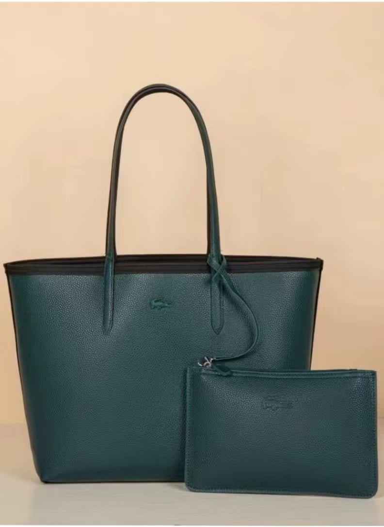 Lacoste Women's Double sided Two tone Large Capacity Handbag, Fashionable Multi functional, Black/Dark green