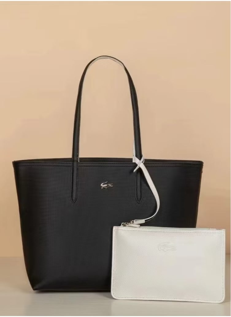 Lacoste Women's Double sided Two tone Large Capacity Handbag, Fashionable Multi functional, Black/White