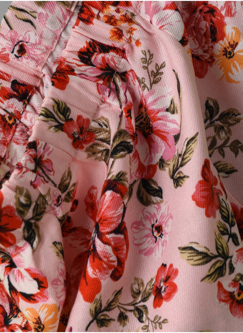 Girls Pink Floral Ruffle Hem Skirt
