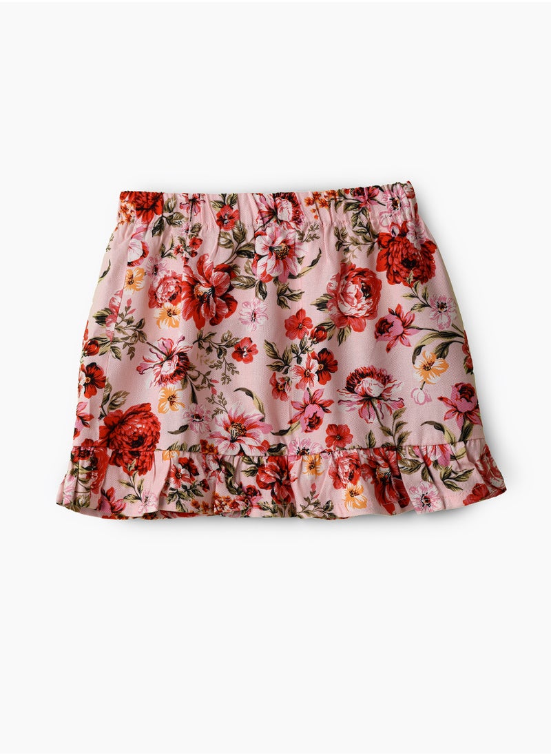 Girls Pink Floral Ruffle Hem Skirt