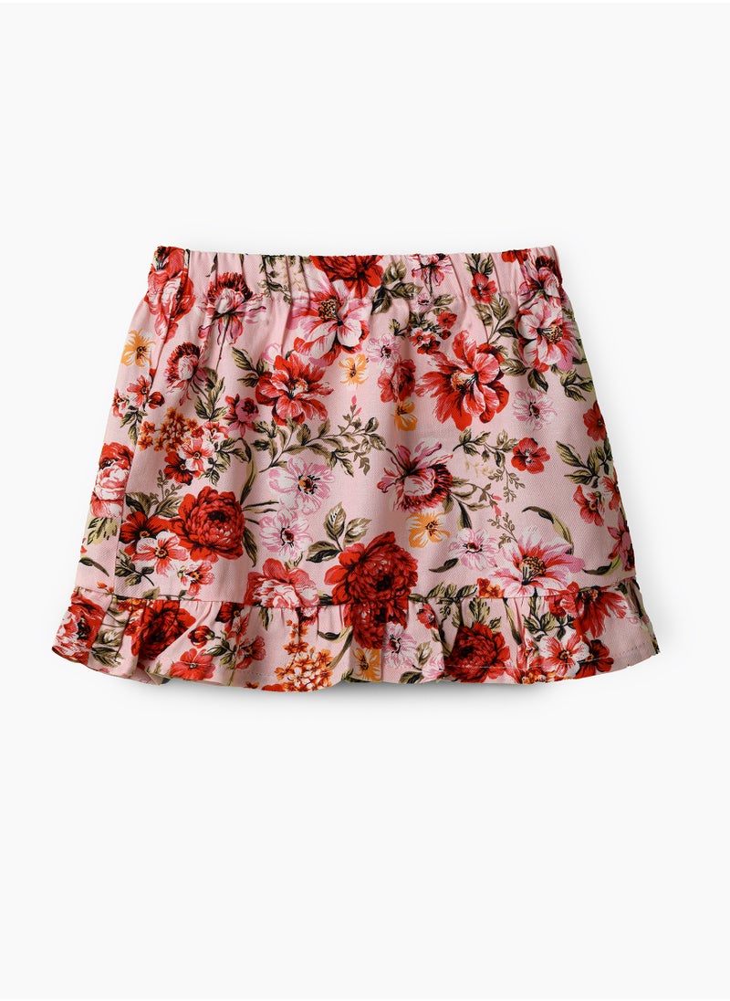 Girls Pink Floral Ruffle Hem Skirt