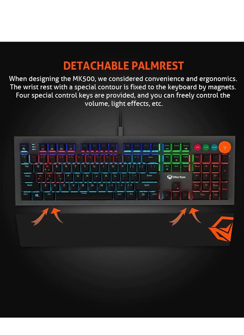 MEETION MK500 Mechanical Wired Gaming Keyboard, Full Anti-ghosting Keys, Detachable Palmrest, Frosted Metal Upper Cover, 14 RGB Lights Mode, OUTEMU Blue Switches, Type-C cable, Rainbow Backlight