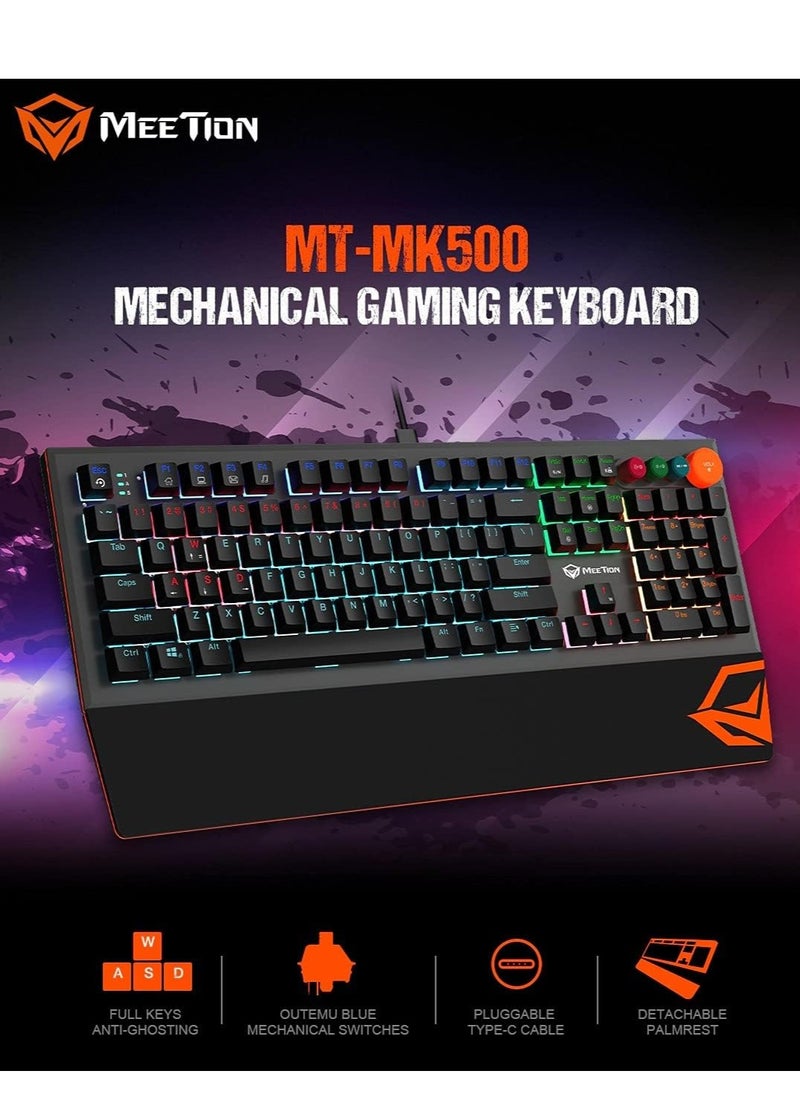 MEETION MK500 Mechanical Wired Gaming Keyboard, Full Anti-ghosting Keys, Detachable Palmrest, Frosted Metal Upper Cover, 14 RGB Lights Mode, OUTEMU Blue Switches, Type-C cable, Rainbow Backlight