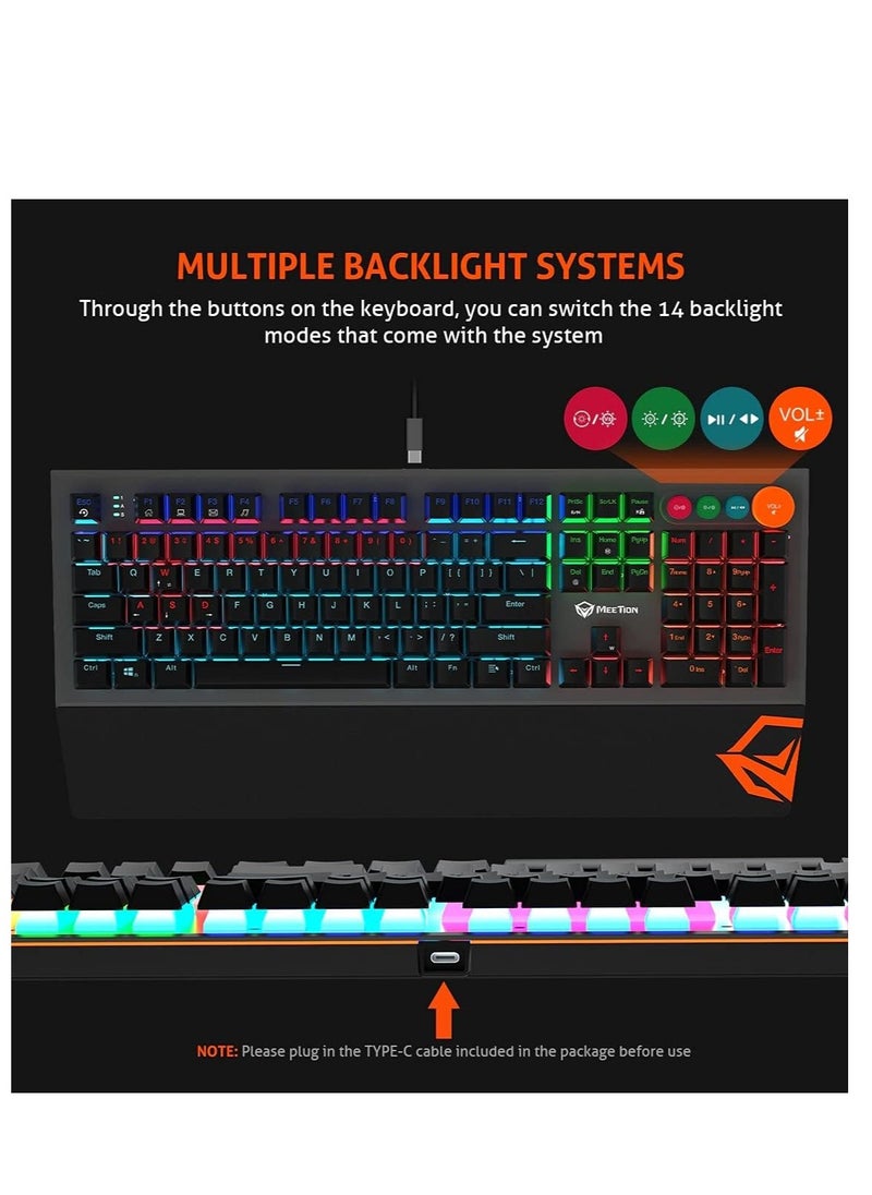 MEETION MK500 Mechanical Wired Gaming Keyboard, Full Anti-ghosting Keys, Detachable Palmrest, Frosted Metal Upper Cover, 14 RGB Lights Mode, OUTEMU Blue Switches, Type-C cable, Rainbow Backlight