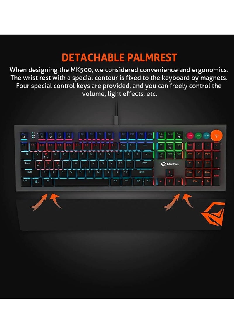 MEETION MK500 Mechanical Wired Gaming Keyboard, Full Anti-ghosting Keys, Detachable Palmrest, Frosted Metal Upper Cover, 14 RGB Lights Mode, OUTEMU Blue Switches, Type-C cable, Double Color Injection Keycaps