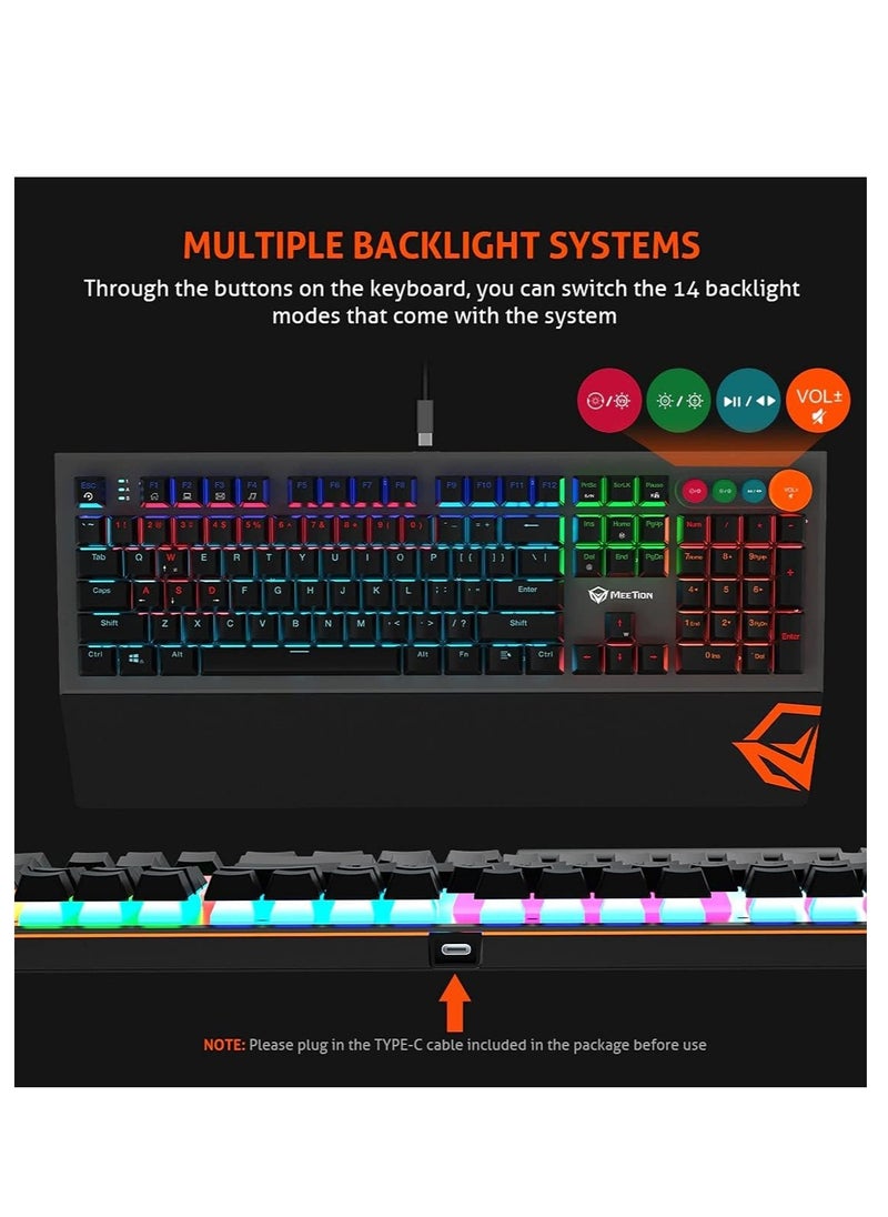 MEETION MK500 Mechanical Wired Gaming Keyboard, Full Anti-ghosting Keys, Detachable Palmrest, Frosted Metal Upper Cover, 14 RGB Lights Mode, OUTEMU Blue Switches, Type-C cable, Double Color Injection Keycaps