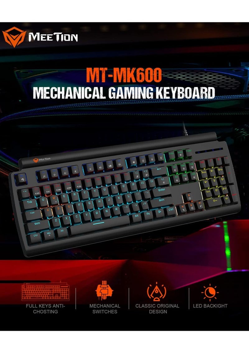 Meetion MK600 Mechanical Keyboard Anti-ghosting Full keys Customizable Keyboard Type best combination of RGB lights Black Body OS Compatibility Windows XP/Vista/7/8/10  MAC OS X Interface USB