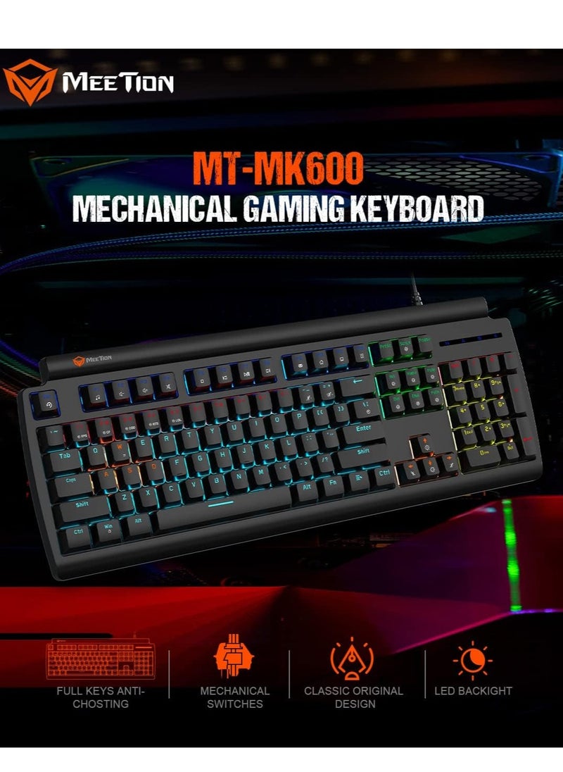 Meetion MK600 Mechanical Keyboard Anti-ghosting Full keys Customizable Keyboard Type best combination of RGB Backlit Black Body OS Compatibility Windows XP/Vista/7/8/10  MAC OS X Interface USB