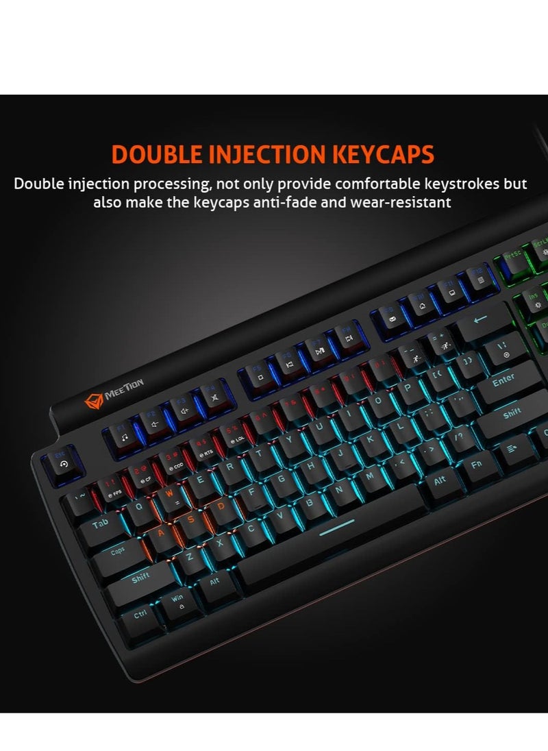 Meetion MK600 Mechanical Keyboard Anti-ghosting Full keys Customizable Keyboard Type best combination of RGB Backlit Black Body OS Compatibility Windows XP/Vista/7/8/10  MAC OS X Interface USB