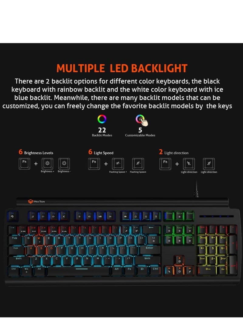 Meetion MK600 Mechanical Keyboard Anti-ghosting Full keys Customizable Keyboard Type best combination of RGB Backlit Black Body OS Compatibility Windows XP/Vista/7/8/10  MAC OS X Interface USB