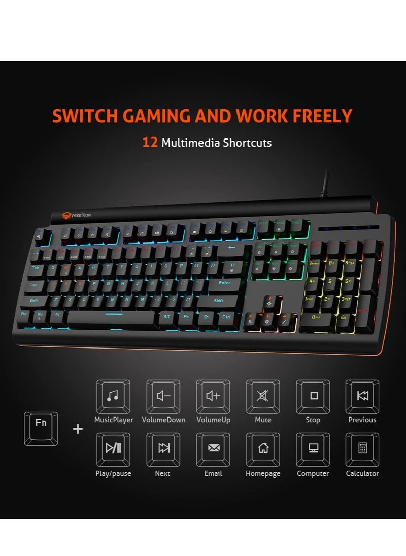 Meetion MK600 Mechanical Keyboard Anti-ghosting Full keys Customizable Keyboard Type best combination of RGB Backlit Black Body OS Compatibility Windows XP/Vista/7/8/10  MAC OS X Interface USB