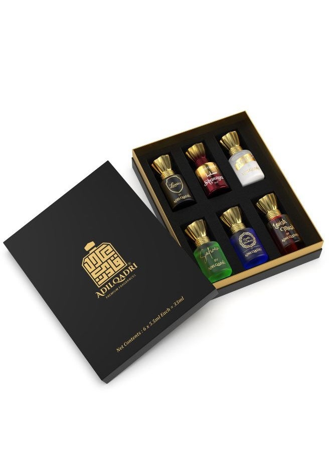 Adilqadri Assorted Luxury Non Alcoholic Roll-On Attar Perfume Collection for Men & Women Long-Lasting Fragrance Set Gift Hamper for Him & Her Ideal for Special Occasions 6 Bottles of 5.5ml Each