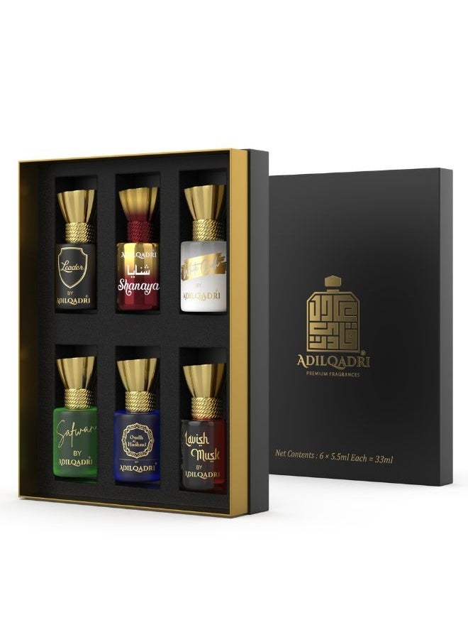 Adilqadri Assorted Luxury Non Alcoholic Roll-On Attar Perfume Collection for Men & Women Long-Lasting Fragrance Set Gift Hamper for Him & Her Ideal for Special Occasions 6 Bottles of 5.5ml Each